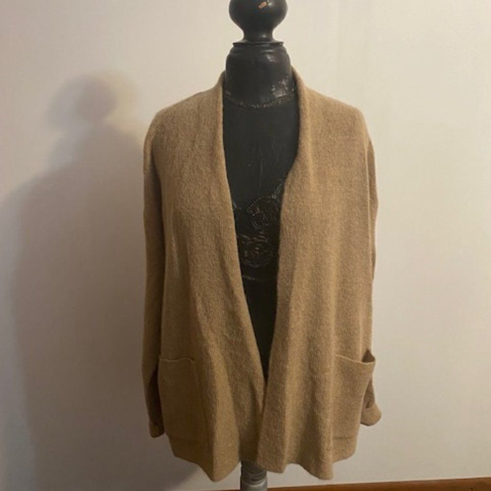 Eileen Fisher Tan Open Cardigan With Front Pockets, Size Large